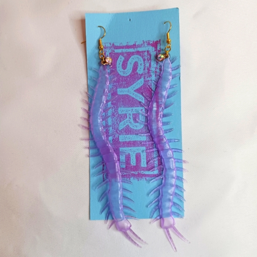 Purple Plastic Centipede Earrings with Rhinestone & Gold Metal.